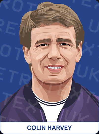 Retrotext Everton Goodison Park mug featuring a detailed illustration of footballer Colin Harvey on a blue background.