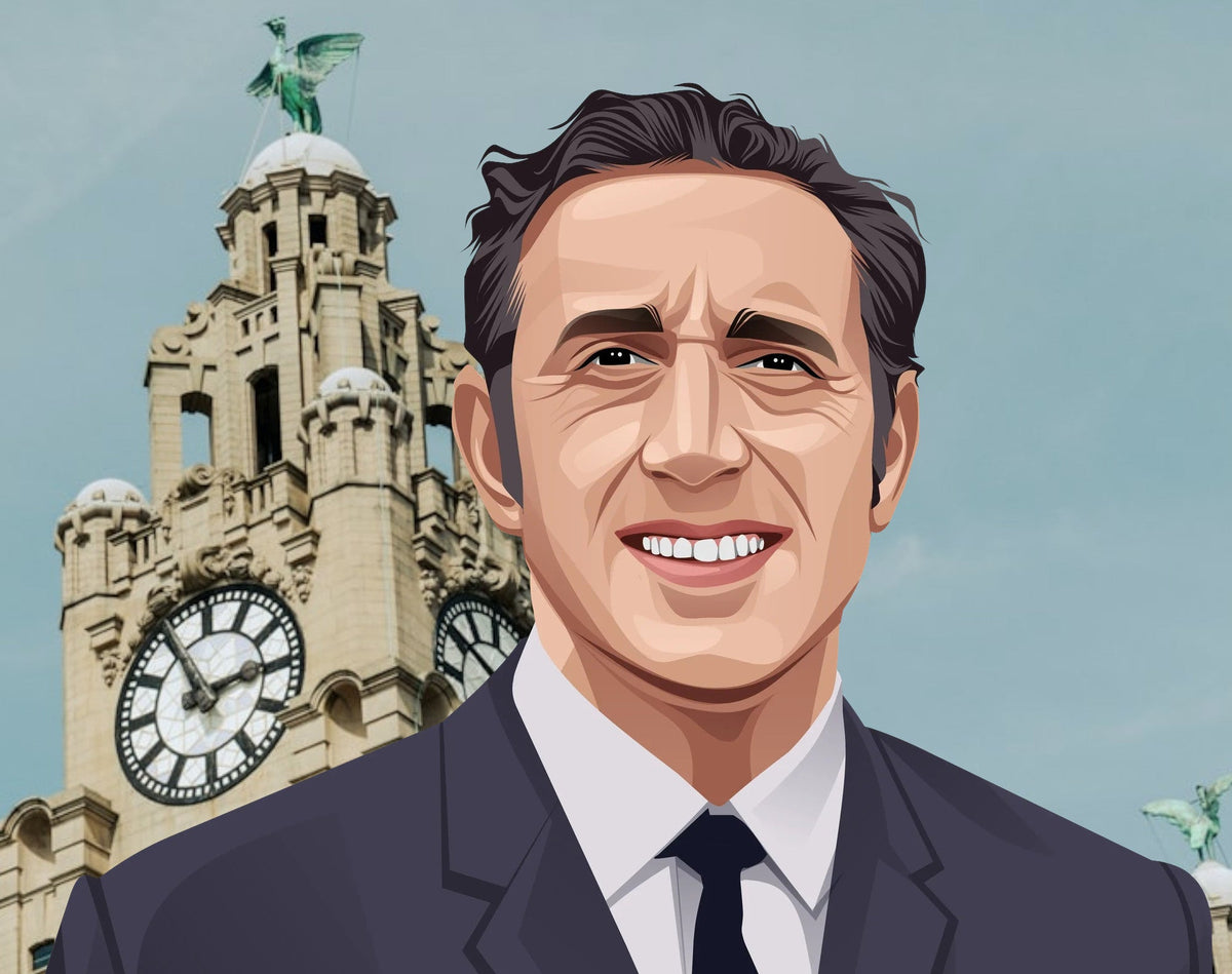Retrotext mug featuring a digital illustration of Everton legend Colin Harvey in a suit before the Liver Building.