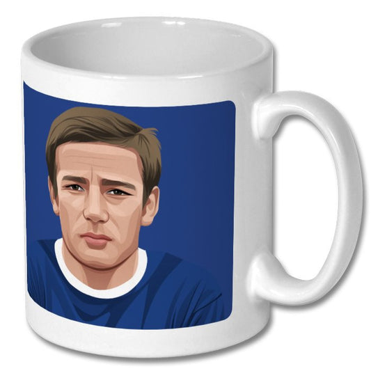 Retrotext 11oz white ceramic mug featuring a graphic illustration of Everton legend Colin Harvey in a blue kit