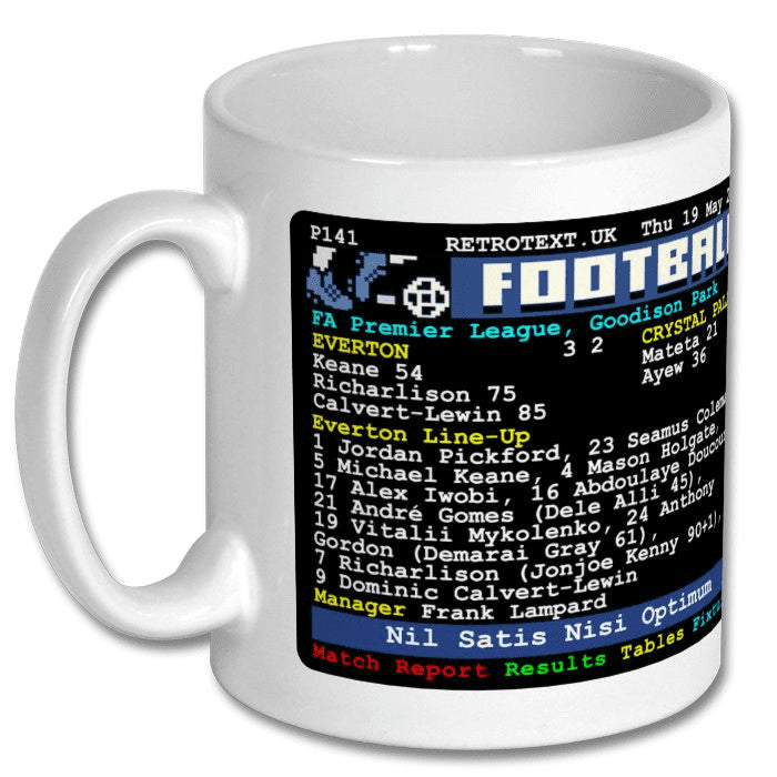 Retrotext white 11oz ceramic mug featuring a vintage teletext graphic of the 2022 Everton vs Crystal Palace match