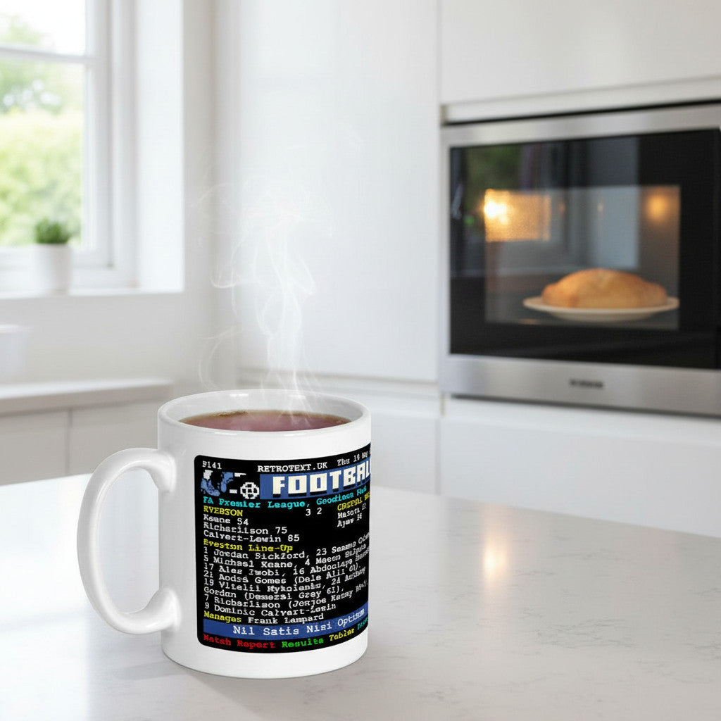 Retrotext 11oz glossy white mug featuring a vintage Everton vs Crystal Palace 2022 teletext match report design