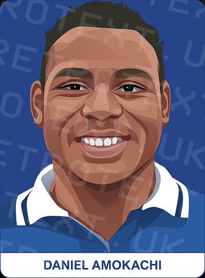Retrotext Everton mug featuring a vibrant illustrated portrait of Daniel Amokachi on a blue background