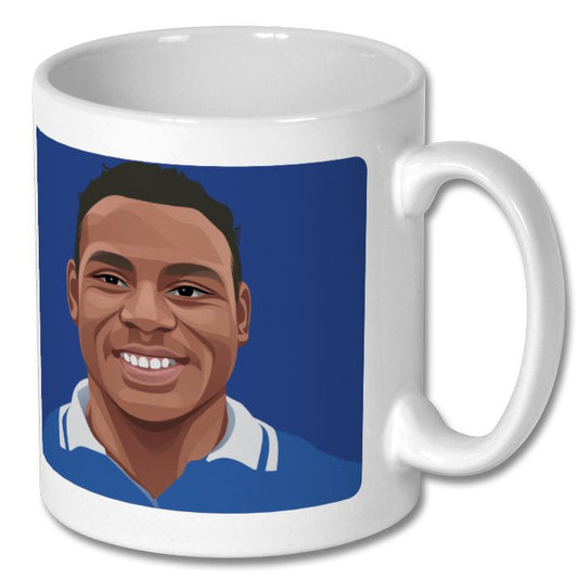Retrotext white ceramic mug featuring a graphic illustration of Everton player Daniel Amokachi in his 1995 kit.