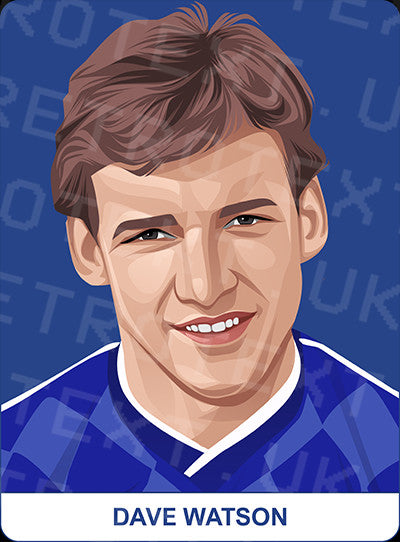 Retrotext Everton mug featuring a digital illustration of Dave Watson in a blue kit against a blue background.