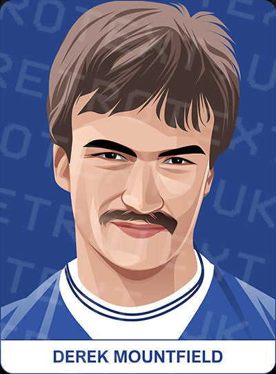 Retrotext Everton Derek Mountfield illustration on a glossy white wraparound mug with a blue background