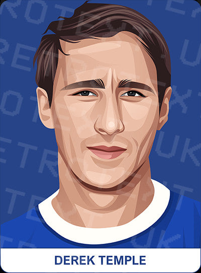 Retrotext Everton Goodison Park mug featuring a detailed illustration of footballer Derek Temple on a blue background