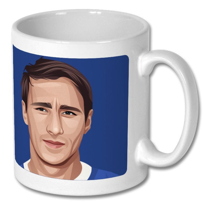 Retrotext Everton 1966 FA Cup Derek Temple ceramic mug featuring a blue graphic illustration of the football legend.