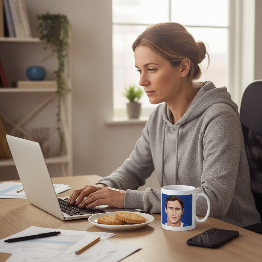 Retrotext Everton 1966 FA Cup Derek Temple mug on a desk next to a woman working on a laptop.