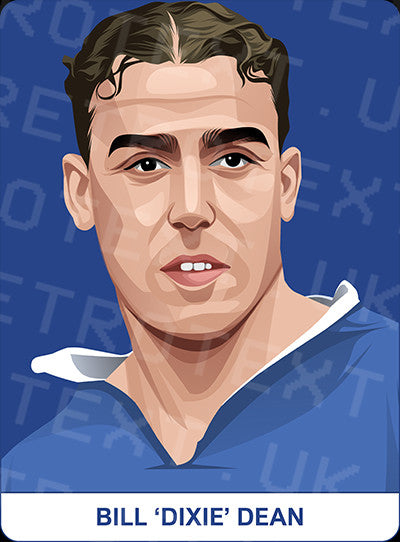Retrotext Everton Dixie Dean illustration on a glossy white mug featuring the legendary footballer in a blue kit