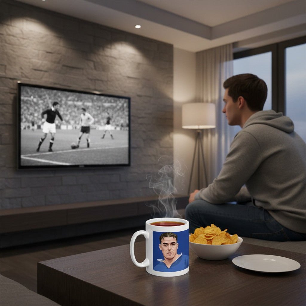 Retrotext Everton 1933 FA Cup Winners Dixie Dean ceramic mug featuring a portrait on a coffee table in a living room