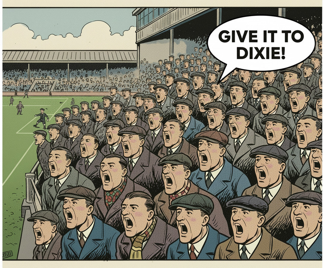 Retrotext Everton Dixie Dean mug featuring a vintage comic-style crowd illustration with the speech bubble Give it to Dixie