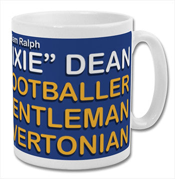 Retrotext Everton Dixie Dean 11oz glossy white ceramic mug featuring blue and yellow text design