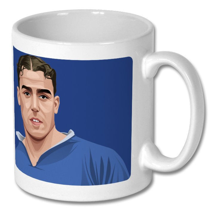 Retrotext Everton Dixie Dean 1928 ceramic mug featuring a portrait of the legendary footballer on a blue background