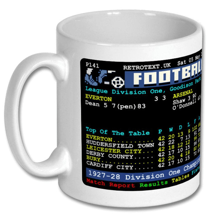 Retrotext Everton 1928 Dixie Dean 60 league goals ceramic mug featuring a vintage teletext football match report
