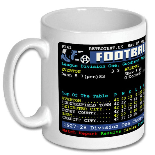 Retrotext Everton 1928 Dixie Dean 60 league goals ceramic mug featuring a vintage teletext football match report