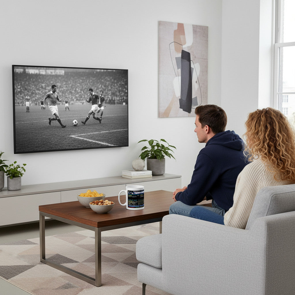 Retrotext Everton Dixie Dean 60 goals teletext mug on a wooden coffee table in a modern living room setting