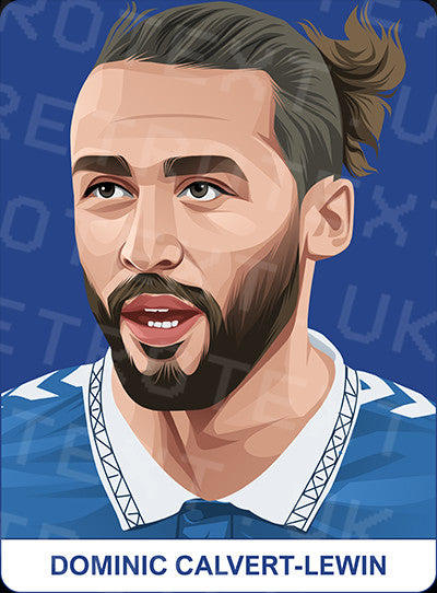 Retrotext Everton mug featuring a digital illustration of Dominic Calvert-Lewin in a blue football kit
