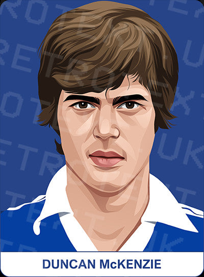 Retrotext Everton mug featuring a stylized illustration of Duncan McKenzie on a blue background