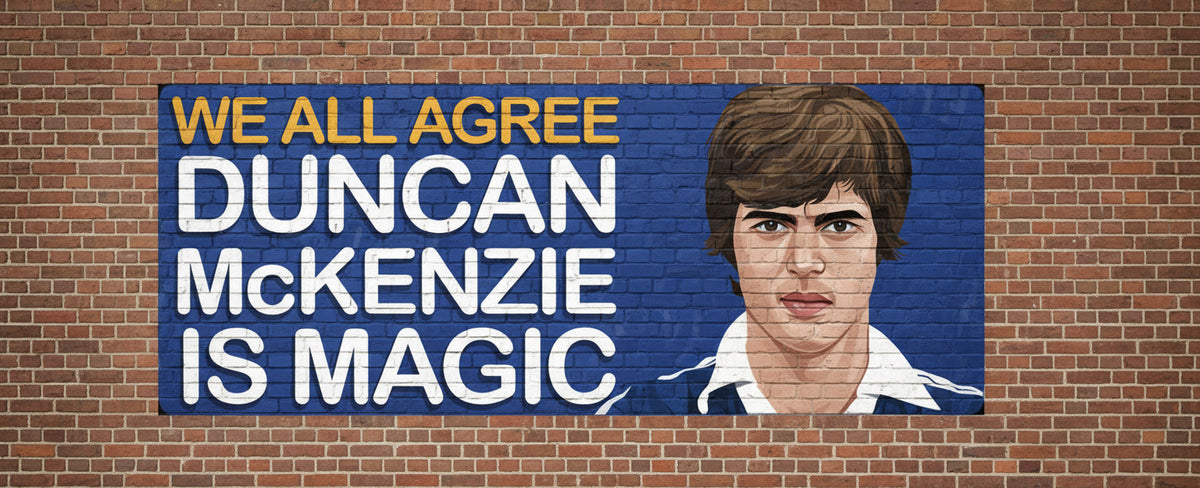 Retrotext Everton Duncan McKenzie Is Magic mug featuring a portrait and text on a blue background