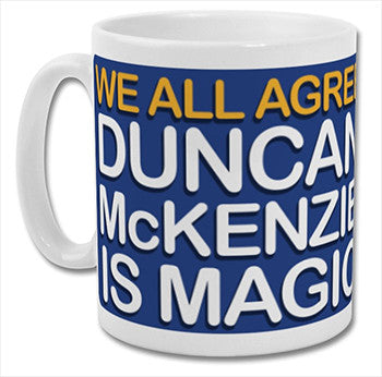 Retrotext Everton Duncan McKenzie Is Magic 11oz glossy white ceramic mug with blue and yellow football fan text