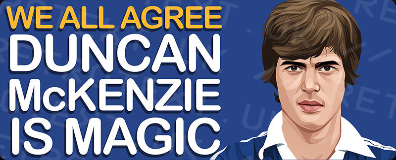 Retrotext Everton Duncan McKenzie Is Magic wraparound mug featuring a portrait and text on a blue background