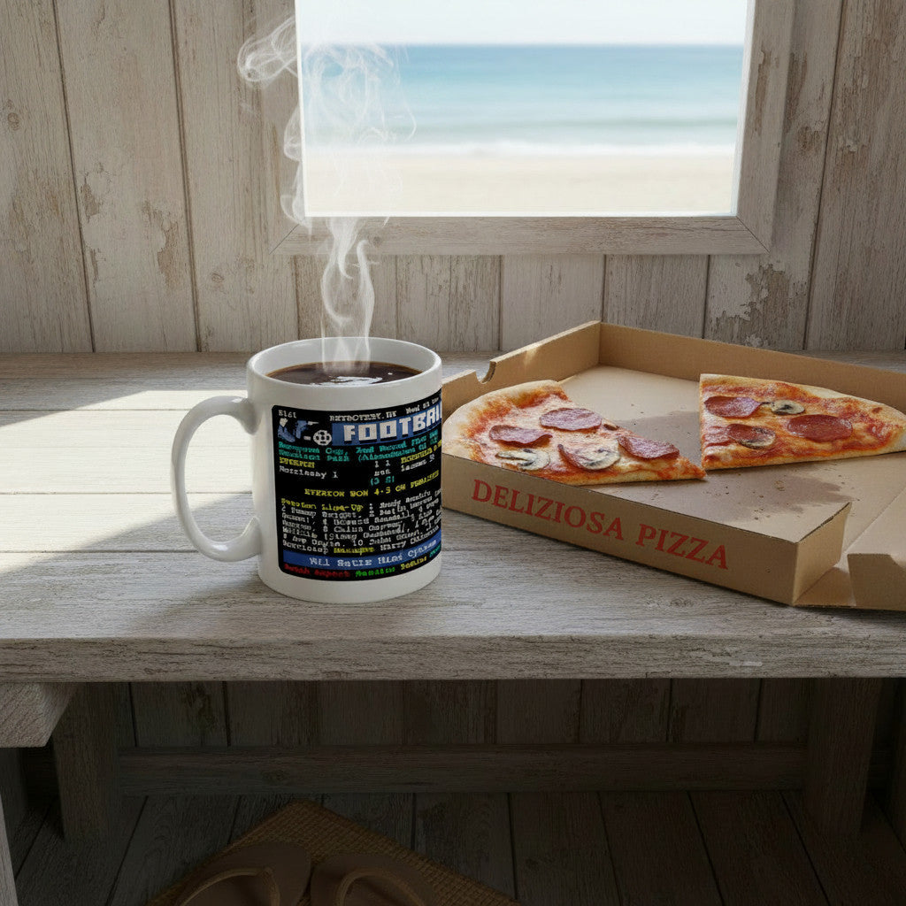 Retrotext Everton 1970 vs Borussia Moenchengladbach teletext ceramic mug with steaming coffee next to pizza by the beach