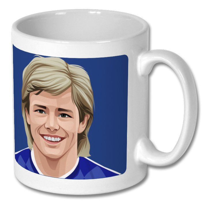 Retrotext 11oz glossy white ceramic mug featuring a vintage illustration of an Everton football player