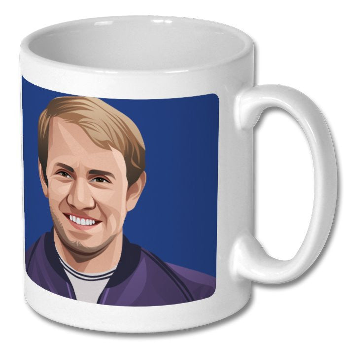 Retrotext white 11oz ceramic mug featuring a graphic illustration of an Everton football player on a blue background.