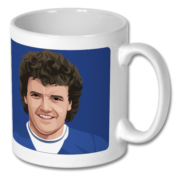 Retrotext white ceramic mug featuring a graphic illustration of an Everton football player in a blue kit