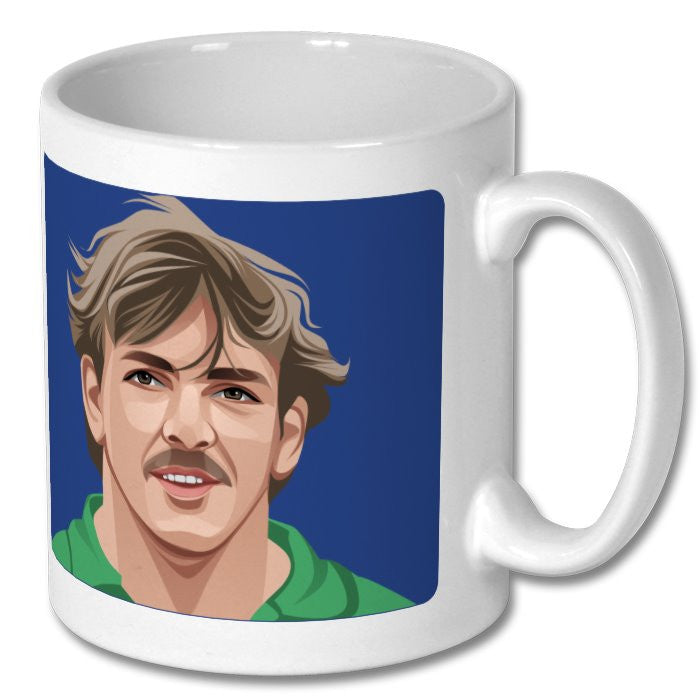 Retrotext 11oz glossy white ceramic mug featuring a graphic illustration of an Everton football player