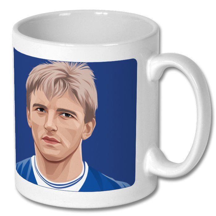 Retrotext white ceramic mug featuring a graphic illustration of an Everton football player in a blue kit