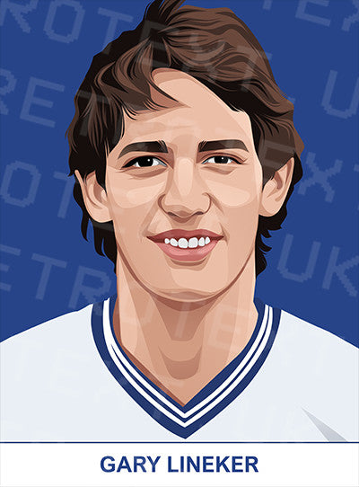 Retrotext Everton mug featuring a digital illustration of Gary Lineker in a white football kit on a blue background