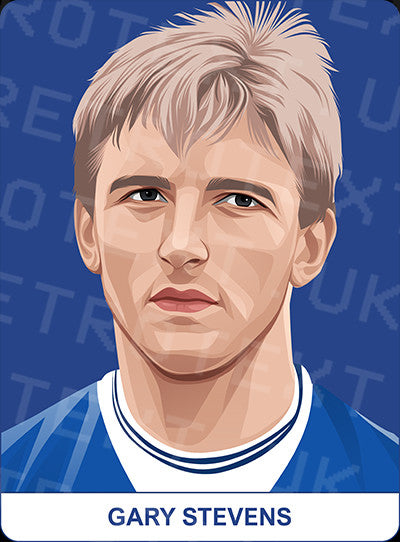 Retrotext Everton mug featuring a stylized illustration of Gary Stevens on a blue background