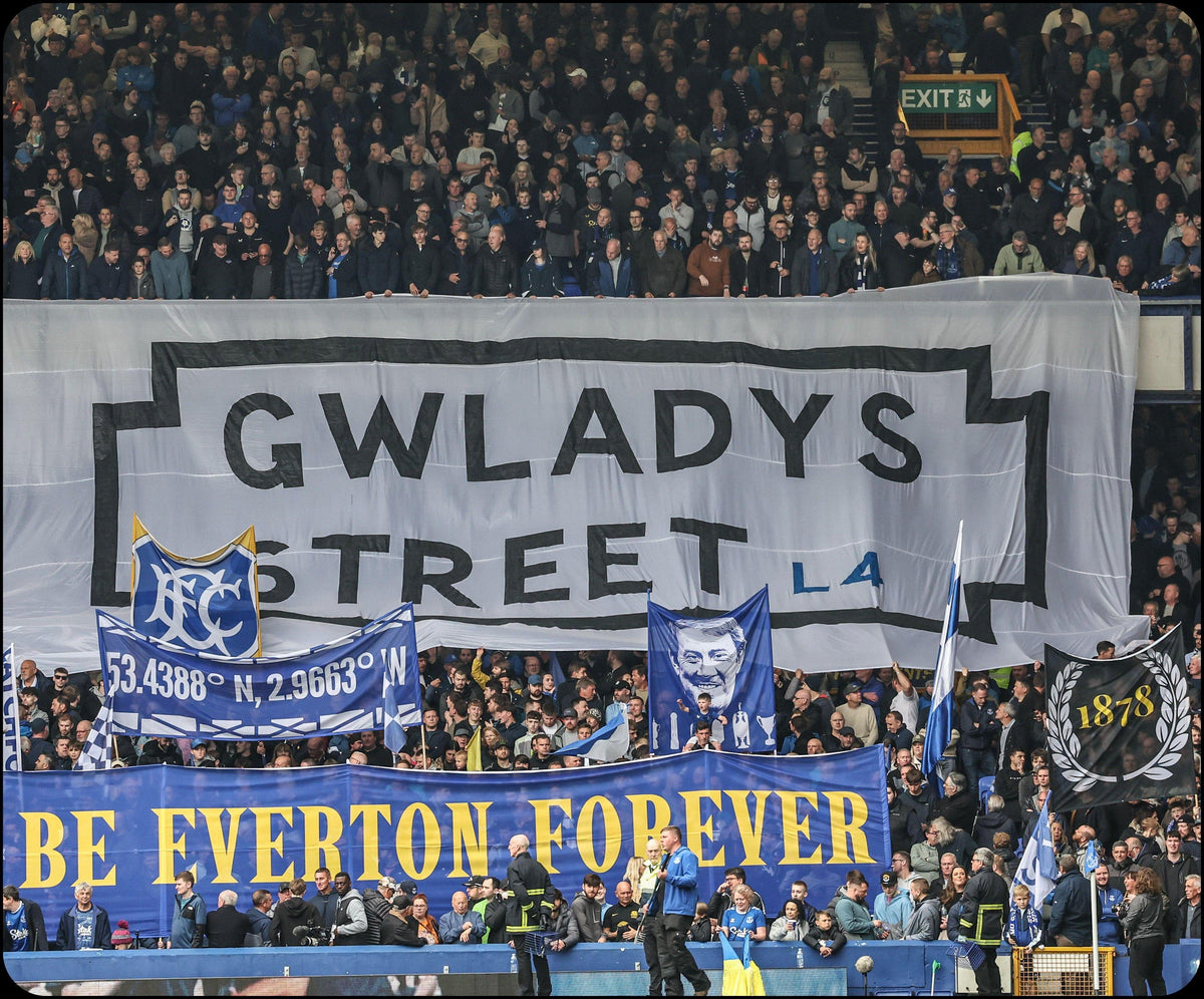 Retrotext book cover featuring Everton fans at Goodison Park with a Gwladys Street banner and Be Everton Forever flag