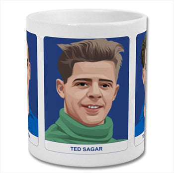 Retrotext Everton Goodison Park mug featuring a cartoon illustration of goalkeeper Ted Sagar in a green sweater