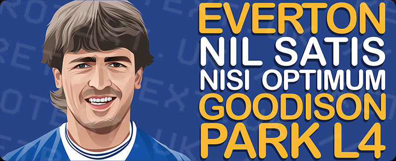 Retrotext Everton Goodison Park L4 mug design featuring a player illustration and club motto on a blue background