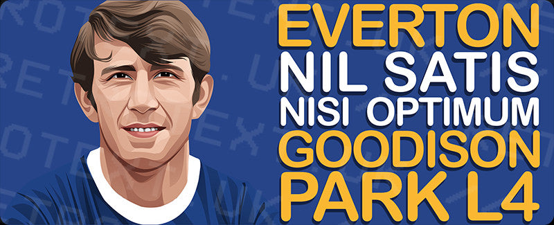 Retrotext Everton Goodison Park L4 wraparound mug featuring a player illustration and club motto on a blue background.
