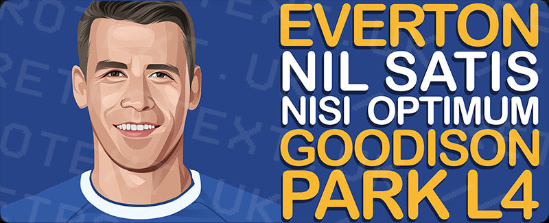 Retrotext Everton Goodison Park L4 mug featuring a player illustration and the club motto on a blue background