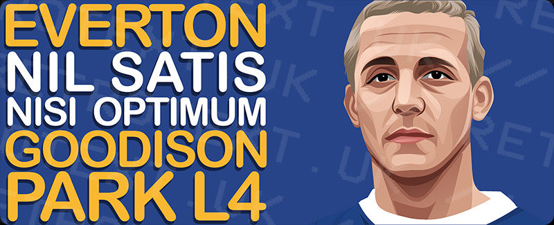 Retrotext Everton Goodison Park L4 wraparound mug featuring a player portrait and club motto on a blue background.