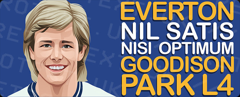 Retrotext Everton Goodison Park L4 mug design featuring a player illustration and club motto on a blue background
