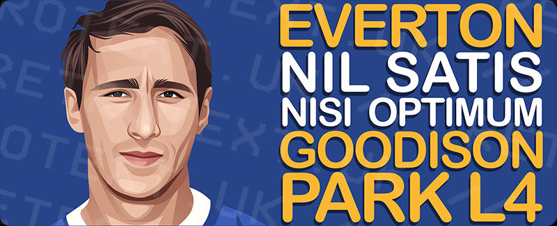 Retrotext Everton Goodison Park L4 wraparound mug design featuring a player portrait and club motto in yellow and white