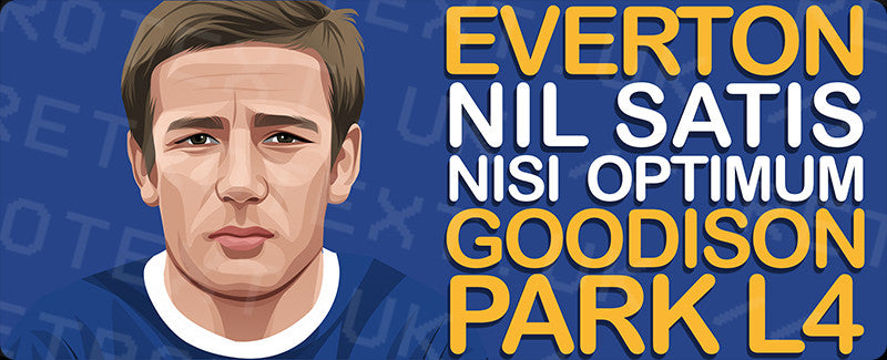 Retrotext Everton Goodison Park L4 mug featuring a player illustration and club motto on a blue background
