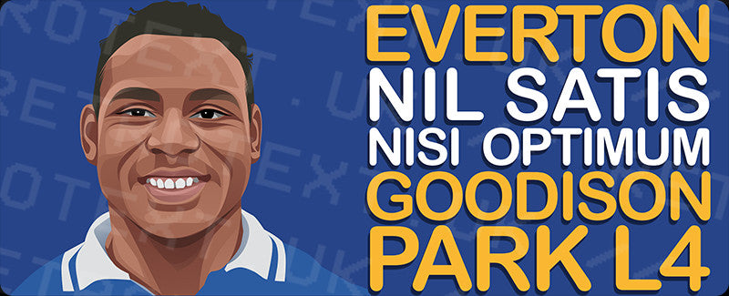 Retrotext Everton Goodison Park L4 mug design featuring a player illustration and club motto on a blue background