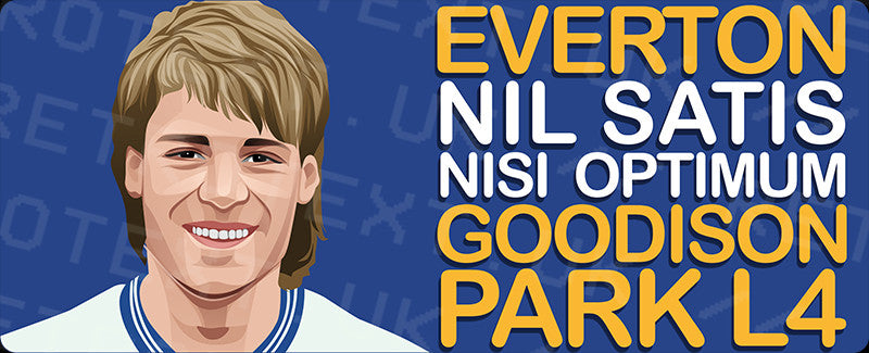 Retrotext Everton Goodison Park L4 ceramic mug featuring a player illustration and club motto in blue and yellow.