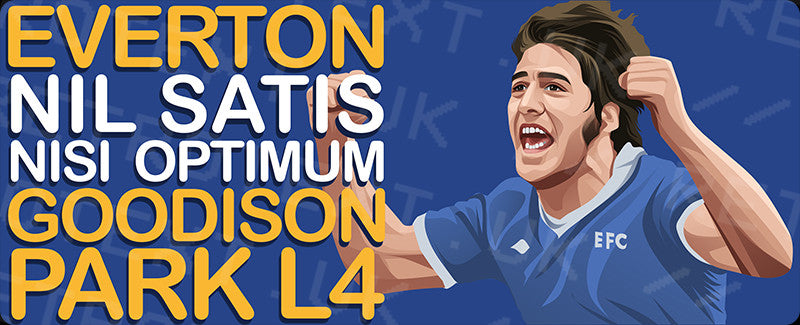 Retrotext Everton Goodison Park L4 mug design featuring a celebrating player and the club motto in blue and yellow