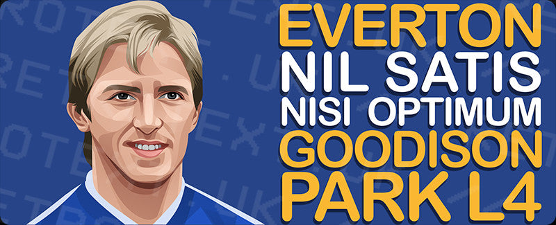 Retrotext Everton Goodison Park L4 mug design featuring a player illustration and club motto on a blue background