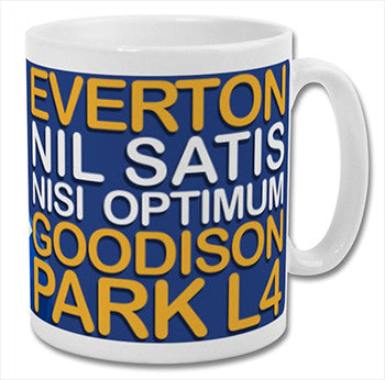Retrotext Everton Goodison Park L4 ceramic mug with blue and yellow typography on a glossy white background