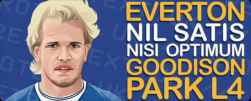 Retrotext Everton Goodison Park L4 wraparound mug featuring a player illustration and club motto on a blue background