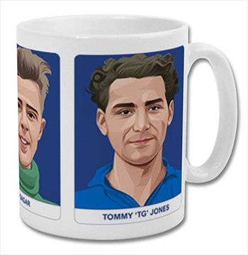 Retrotext Everton Goodison Park memories mug featuring illustrated portraits of legendary players on a white ceramic base