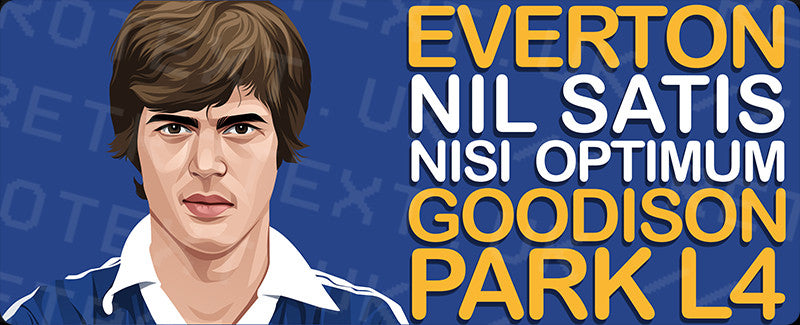 Retrotext Everton Goodison Park L4 mug featuring a player illustration and the club motto on a blue background